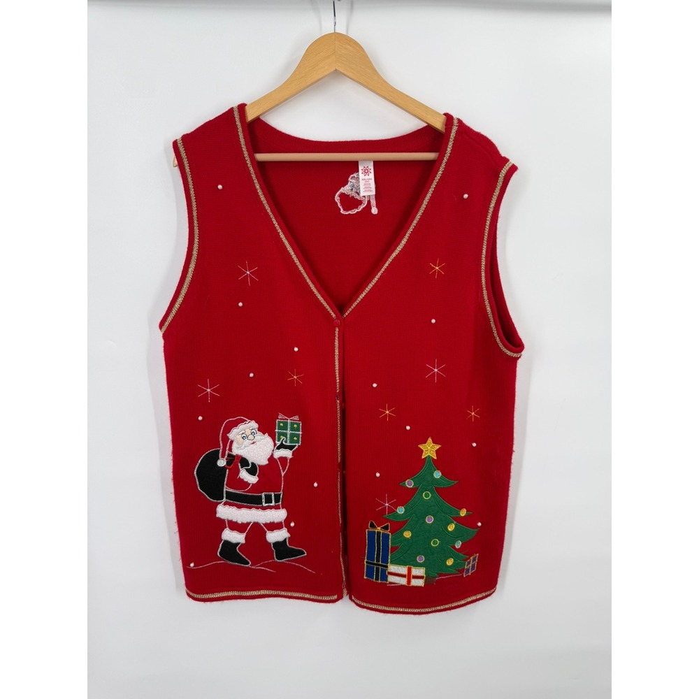 Holiday Time Womens Red Santa Christmas Tree Embroidered Knit Vest XXL 20